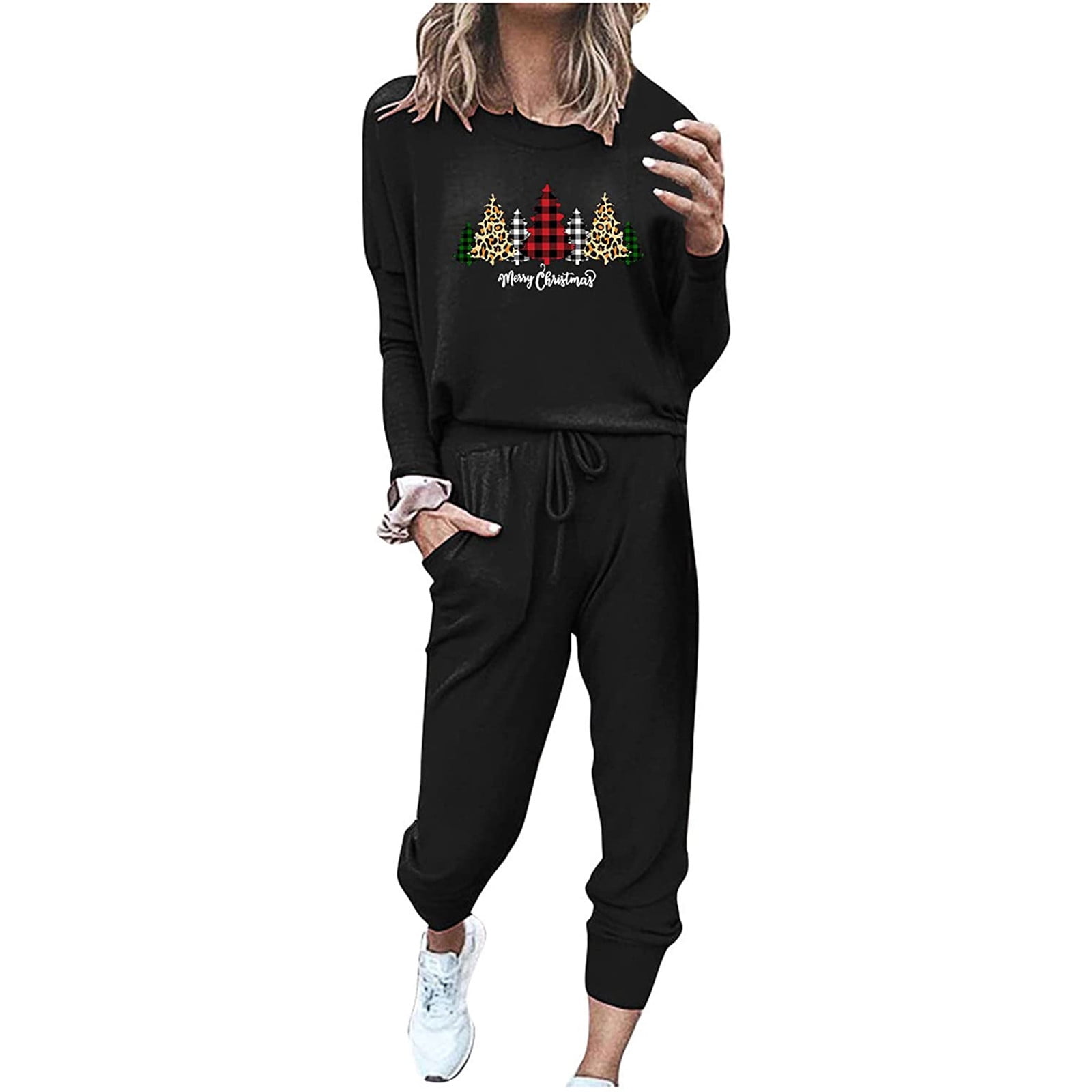 HAPIMO Savings Christmas Pajama Suit Sets for Women Two Piece Outfits Long  Sleeve Crewneck Pullover Tops and Long Pants Tracksuit Sweatsuits Black L 
