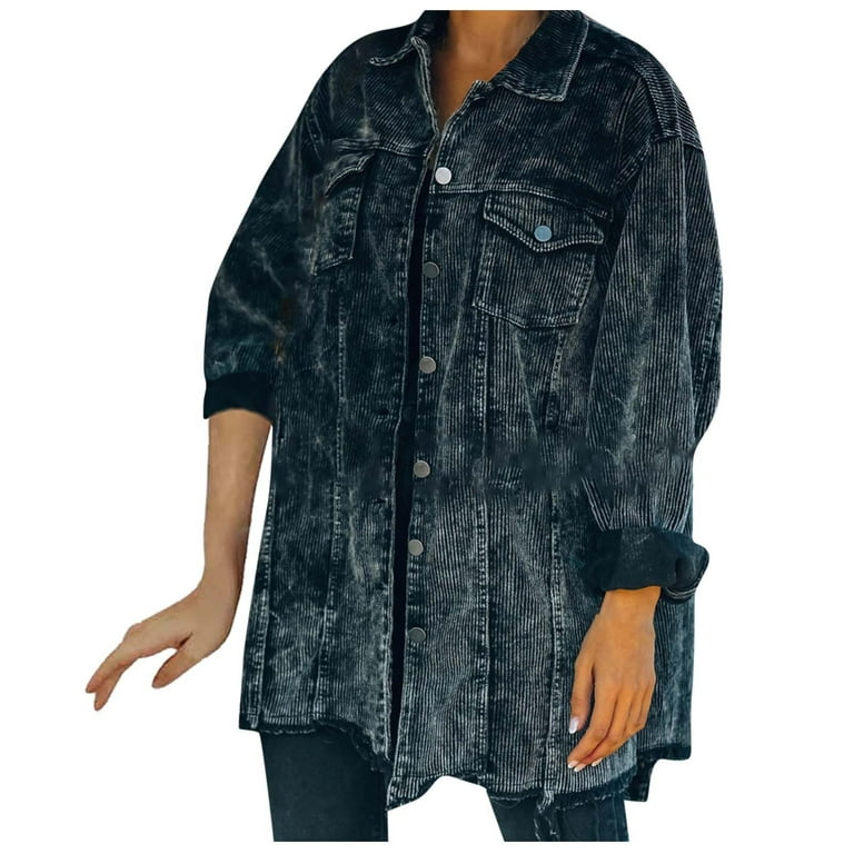 HAPIMO Savings Corduroy Denim Jacket for Women Long Sleeve Button Down  Solid Jacket Womens Lapel Bust Pocket Outwear Girls Fall Fashion Tops  Casual Comfy Black M 