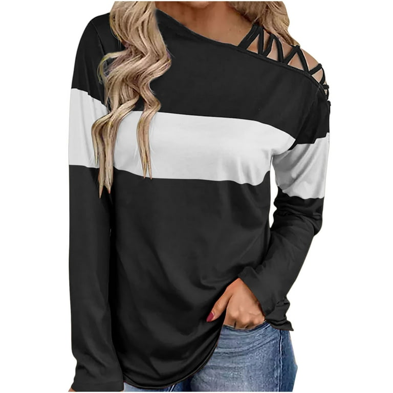 HAPIMO Savings Fashion Shirts for Women Asymmetrical Neck Pullover Basic  Clothes for Women Striped Color Patchwork Tops Cozy Casual Off the Shoulder  Sweatshirt Long Sleeve Blouse Black XL 