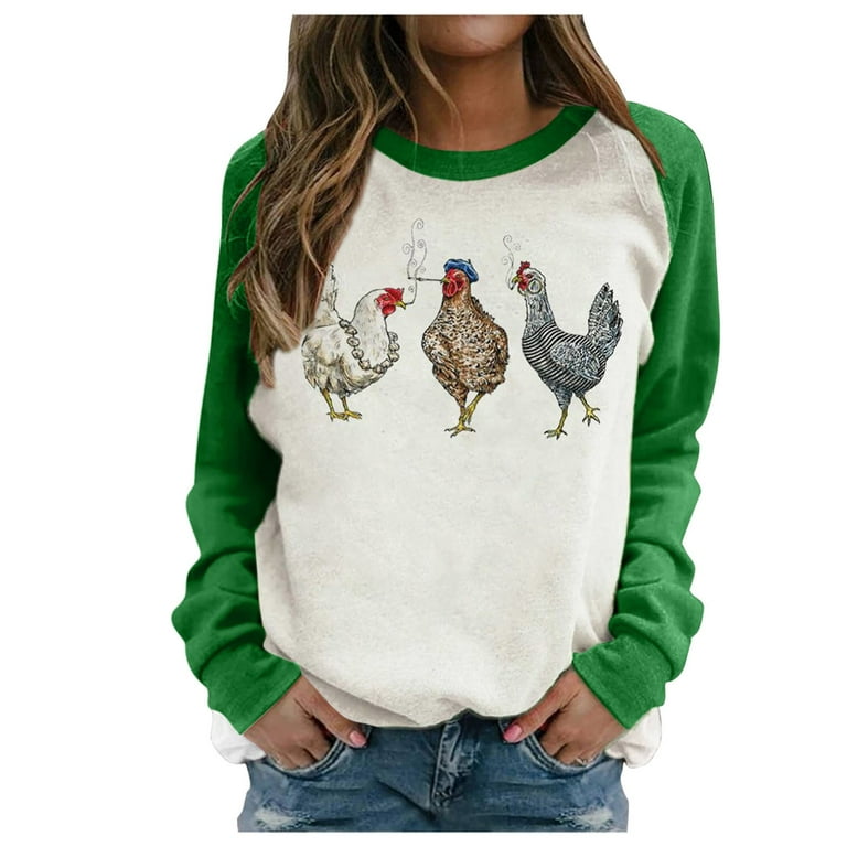 HAPIMO Savings Fashion Shirts for Women Crewneck Pullover Cute Chicken  Graphic Print Tops Long Sleeve Blouse Basic Clothes for Women Cozy Casual  Raglan Sweatshirt Green XXL 