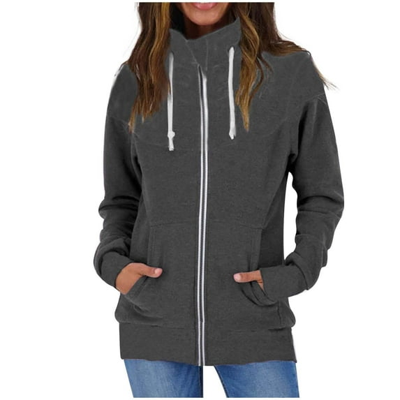 HAPIMO Savings Hoodie Zipper Sweatshirts for Women Casual Color Block Turtleneck Drawstring Coat Top Outdoor Clothes Jacket Outerwear Dark Gray M