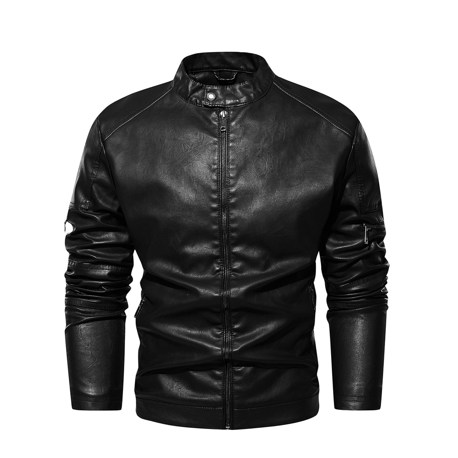 HAPIMO Leather Jacket Men's Casual Stand Collar Slim Leather Sleeve Flight Jacket Faux Leather Biker Jacket Black L