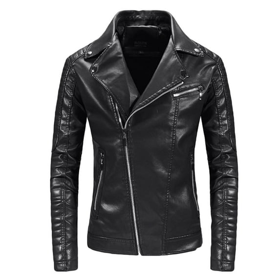 HAPIMO Leather Jacket Men's Casual Stand Collar Slim Leather Sleeve Flight Jacket Faux Leather Biker Jacket Black M