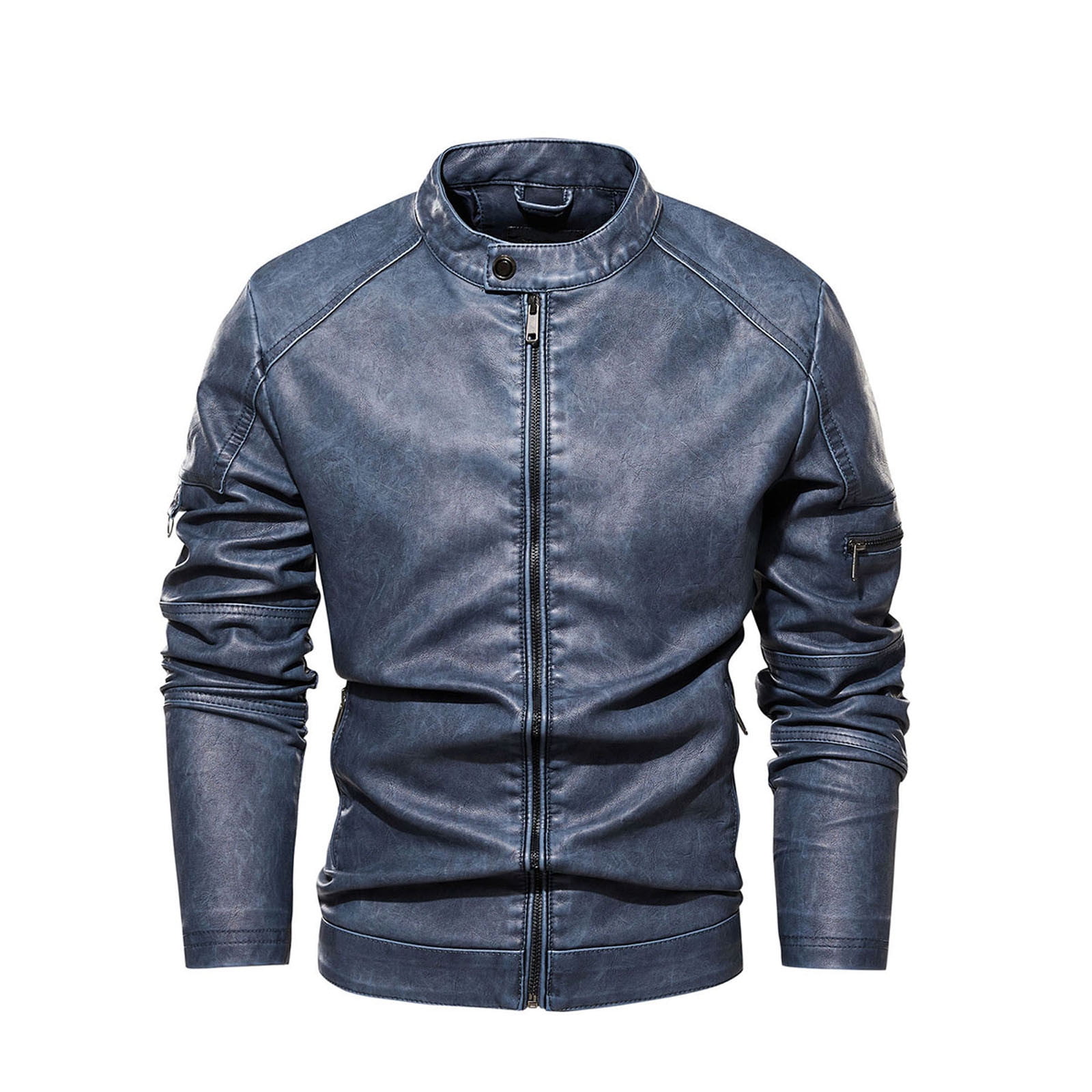 HAPIMO Leather Jacket Men's Casual Stand Collar Slim Leather Sleeve Flight Jacket Faux Leather Biker Jacket Blue L