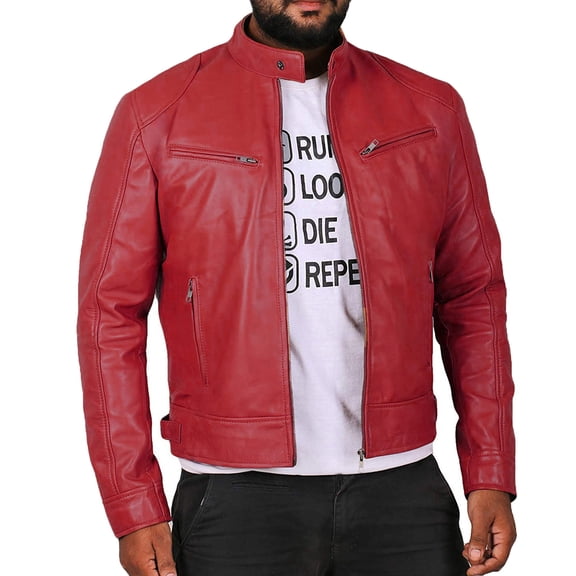 HAPIMO Leather Jacket Men's Casual Stand Collar Slim Leather Sleeve Flight Jacket Faux Leather Biker Jacket Red XL