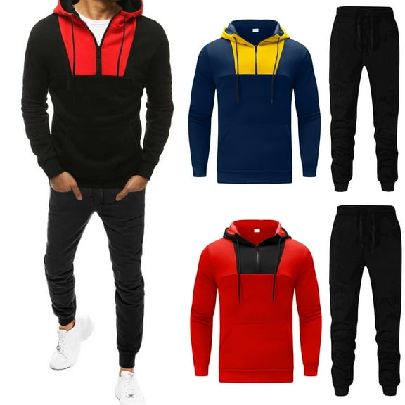 HAPIMO Men's 2PC Collar Half Zipper Colorblock Pullover Jacket Hooded Sports Pocket Jacket Drawstring Top + Fall Winter Solid Pants Set Black M