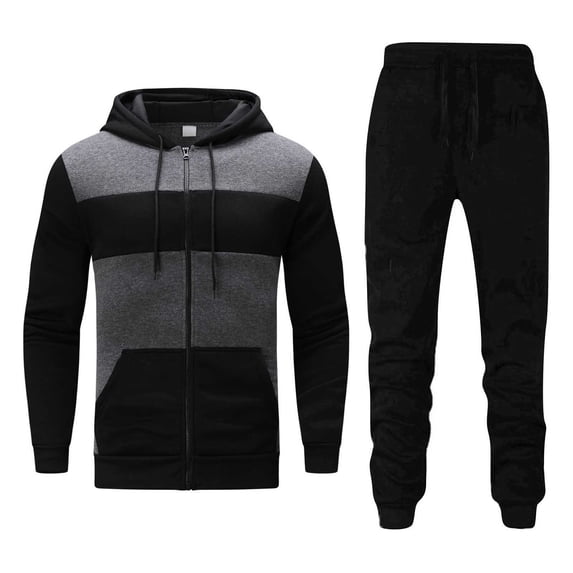 HAPIMO Savings Men's 2PC Collar Half Zipper Colorblock Pullover Jacket Hooded Sports Pocket Jacket Drawstring Top + Fall Winter Solid Pants Set Black XXL