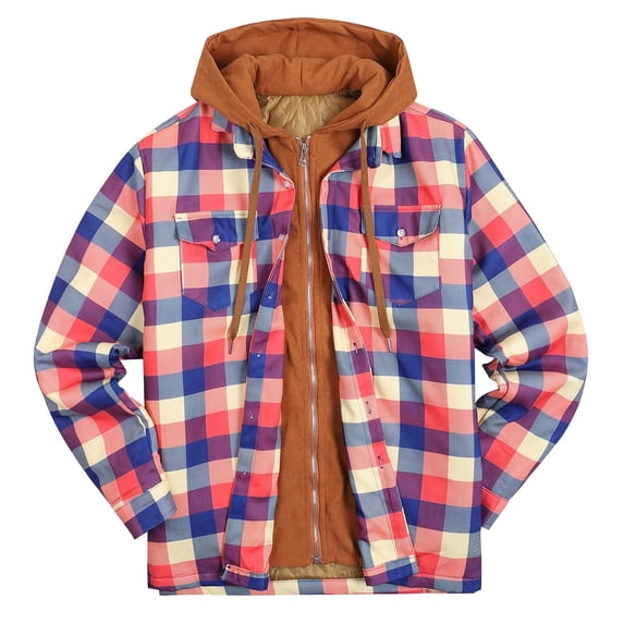 HAPIMO Men's Fashion Flannel Fake Tow-Piece Jacket Thick Quilted Plaid Printed Color Patchwork Hooded Jacket Padded Cotton Jacket with Pocket Red XXXL