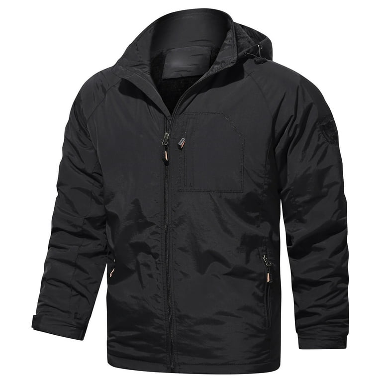 HAPIMO Savings Men's Warm Jacket Padded Solid Color Zipper Multi Pocket  Sports Outdoor Rushing Jacket Plus Velvet Hooded Outwear Black L 