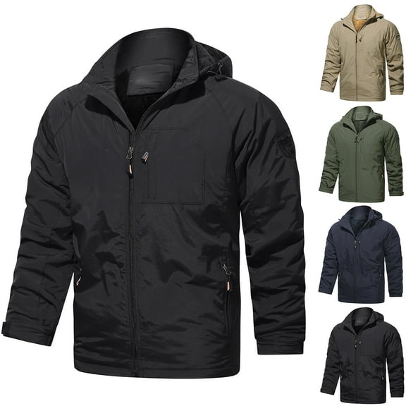 HAPIMO Men's Warm Jacket Padded Solid Color Zipper Multi Pocket Sports Outdoor Rushing Jacket Plus Velvet Hooded Outwear Khaki L