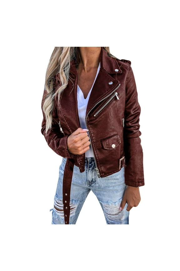 Motorcycle Leather Jacket for Women Solid Lapel Collar Jacket Womens Silm Biker Outwear Long Sleeve Girls Fall Fashion Tops Casual Comfy Red S