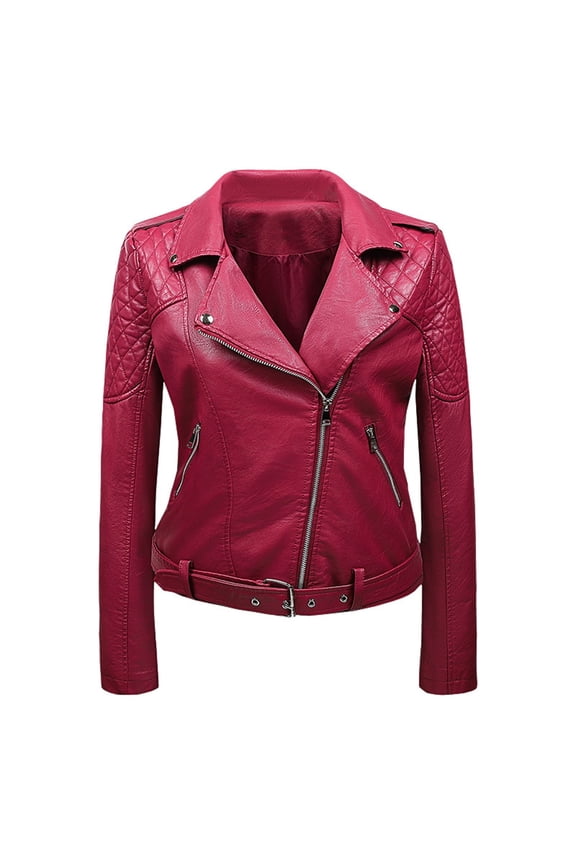 Motorcycle Leather Jacket for Women Solid Lapel Collar Jacket Womens Silm Biker Outwear Long Sleeve Girls Fall Fashion Tops Casual Comfy