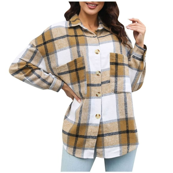 HAPIMO Shacket Jackets for Women Plaid Print Button Down Jacket Womens Lapel Bust Pocket Outwear Long Sleeve Girls Fall Fashion Tops Casual Comfy Khaki L