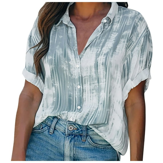HAPIMO Savings Shirts for Women Casual Button Down Womens Summer Fashion Tops Lapel Collar Cozy Blouse Short Sleeve Shirt Classic-Fit Gradient Color Ombre Print Tee Shirt Gray M
