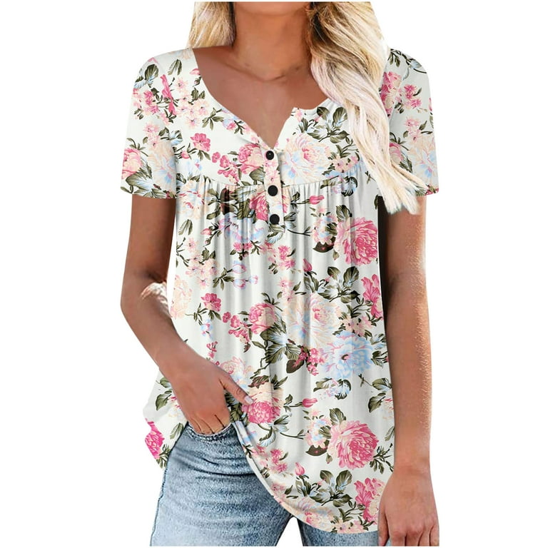 HAPIMO Savings Shirts for Women Casual Comfy Pleat Pullover Tops Button  V-Neck Tee Shirt Short Sleeve Ruched Floral Print Teen Grils Fashion  Clothes Womens Summer Tops White M 