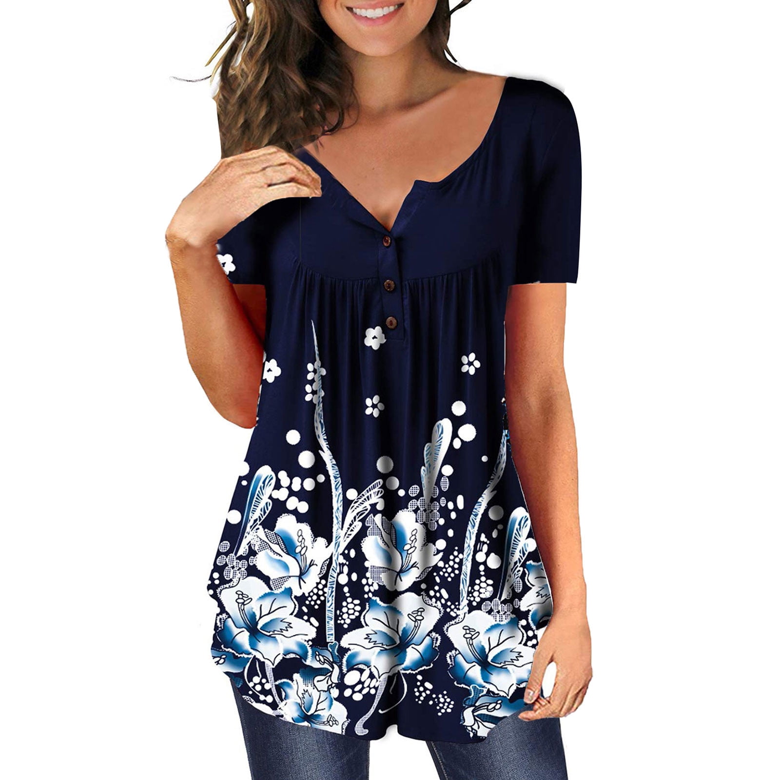 HAPIMO Savings Shirts for Women Casual Pleated Flowy Swing Pullover Tops  Button V-Neck Tee Shirt Short Sleeve Tunic Floral Print Teen Grils Fashion  Clothes Womens Summer Tops Navy L 