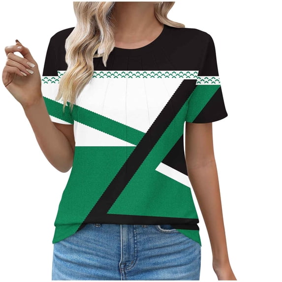 HAPIMO Savings Shirts for Women Crewneck Tee Shirt Casual Comfy Pullover Tops Short Sleeve Teen Grils Fashion Clothes Striped Patchwork Womens Summer Tops Green XXL