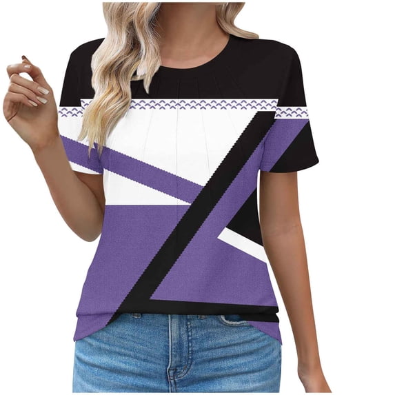 HAPIMO Savings Shirts for Women Crewneck Tee Shirt Casual Comfy Pullover Tops Short Sleeve Teen Grils Fashion Clothes Striped Patchwork Womens Summer Tops Purple L