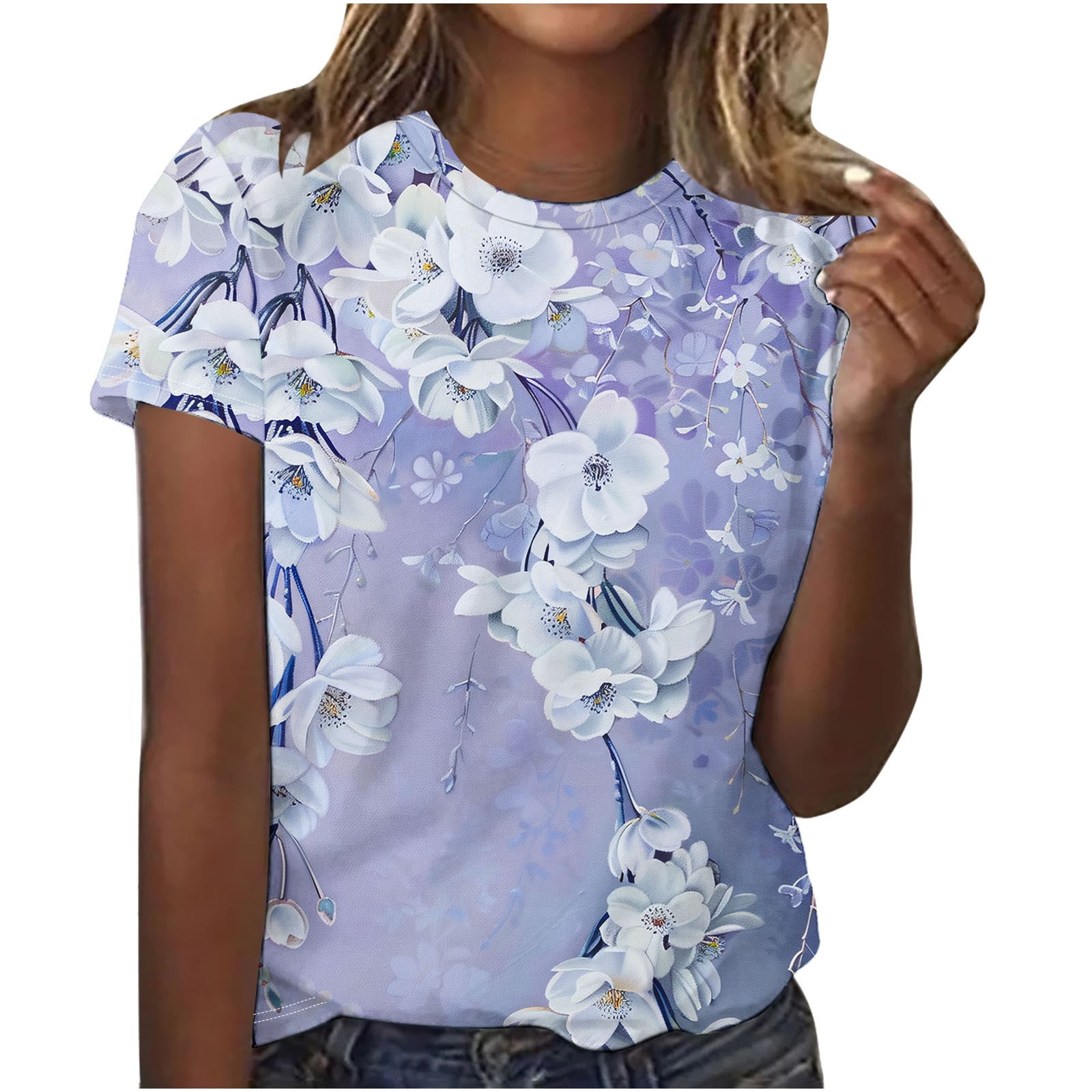 HAPIMO Savings Shirts for Women Short Sleeve Crewneck Tee Shirt Casual Comfy Pullover Tops Flower Graphic Print Teen Grils Fashion Clothes Womens Summer Tops Multi-color S