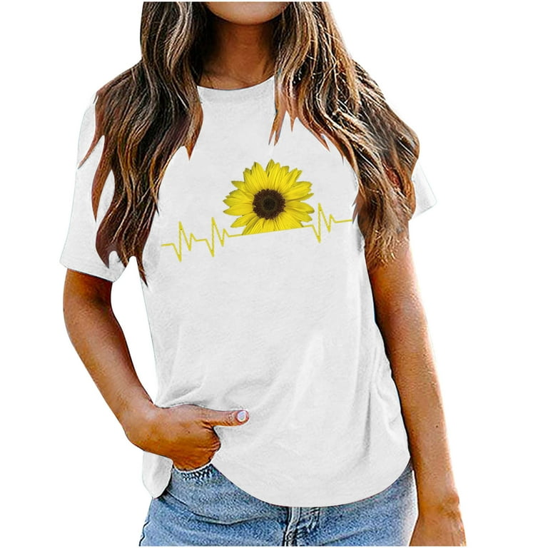 HAPIMO Savings Shirts for Women Sunflower Graphic Print Crewneck Tee Shirt  Casual Comfy Pullover Tops Short Sleeve Teen Grils Fashion Clothes Womens  Summer Tops White L 