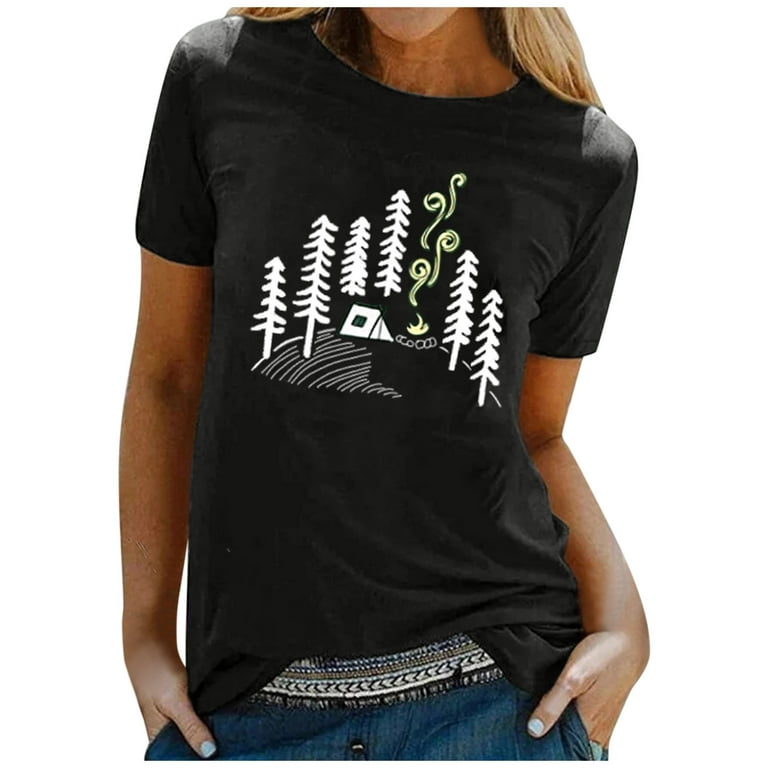 HAPIMO Savings Shirts for Women Womens Summer Fashion Tops Trees Graphic  Print Tee Shirt Classic-Fit Casual Raglan Short Sleeve Shirt Round Neck  Cozy Blouse Black XXL 