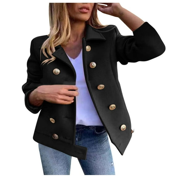 HAPIMO Savings Short Woolen Cloth Jacket for Women Girls Fall Fashion Tops Casual Comfy Long Sleeve Womens Turn Down Collar Outwear Button Down Bust Pocket Jacket Black S