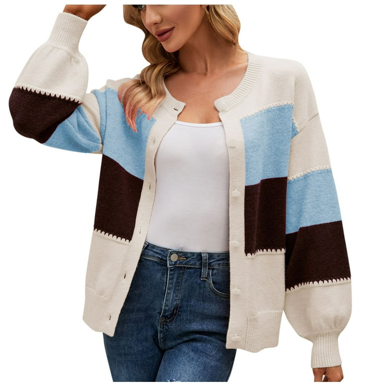 HAPIMO Savings Sweater Cardigans for Women Casual Comfy Womens Open Front  Knitted Outwear Long Sleeve Girls Fall Fashion Tops Striped Colorblock  Button Jacket Beige L 