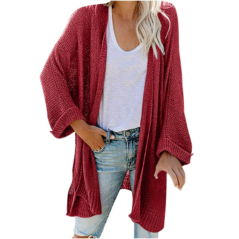 HAPIMO Savings Sweaters for Women Long Sleeve Open Front Candigan Knitwear  Solid Color Casual Loose Mid-Length Jumper Pullover Womens Fall Fashion  Sweater Wine XL 