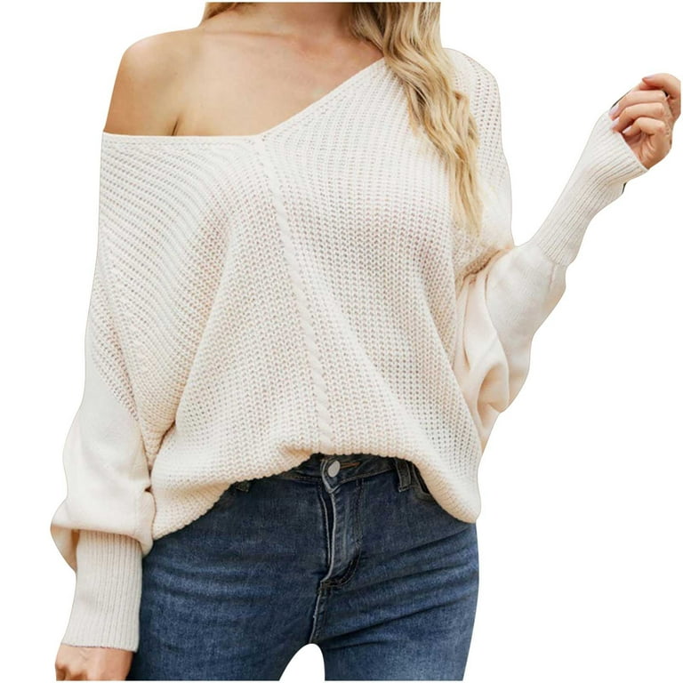 HAPIMO Savings Sweaters for Women Long Sleeve V-neck Knitwear Solid Color  Casual Hollow Jumper Pullover Womens Sweaters Fall Fashion White XL 