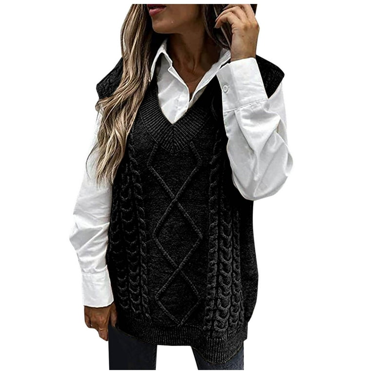HAPIMO Savings Sweaters for Women Sleeveless V-neck Knit Vest Solid Color  Casual Jacquard Jumper Pullover Womens Sweaters Fall Fashion Black L 