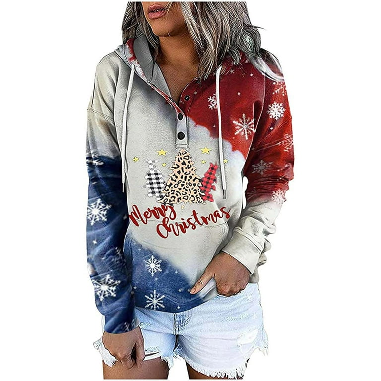 HAPIMO Savings Sweatshirt for Women Button Pocket Drawstring Pullover Tops  Christmas Graphic Print Long Sleeve Relaxed Fit Womens Hoodie Sweatshirt  Teen Girls Clothes Blue XL 