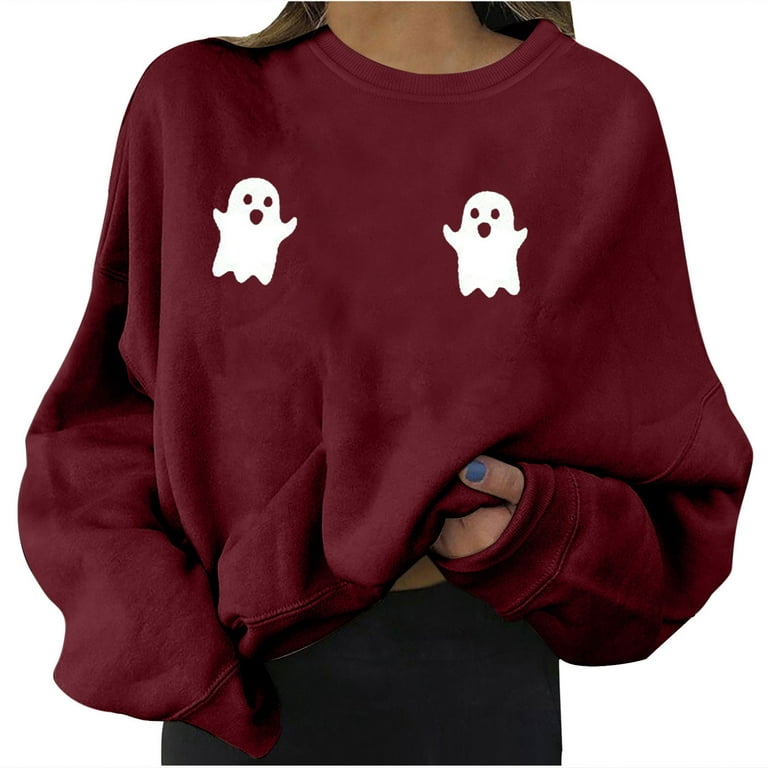 HAPIMO Savings Sweatshirt for Women Crewneck Pullover Tops Ghost Graphic  Print Long Sleeve Relaxed Fit Womens Drop Shoulder Sweatshirt Teen Girls  Clothes Wine S 