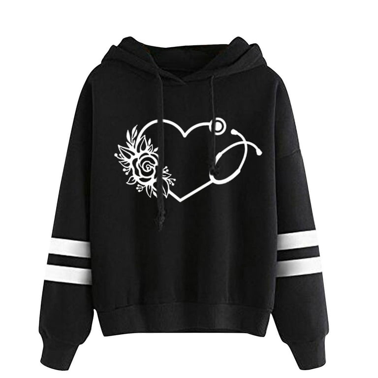 HAPIMO Savings Sweatshirt for Women Drawstring Pullover Tops Heart Flower  Graphic Print Long Sleeve Relaxed Fit Womens Hoodie Sweatshirt Teen Girls  Clothes Black S 