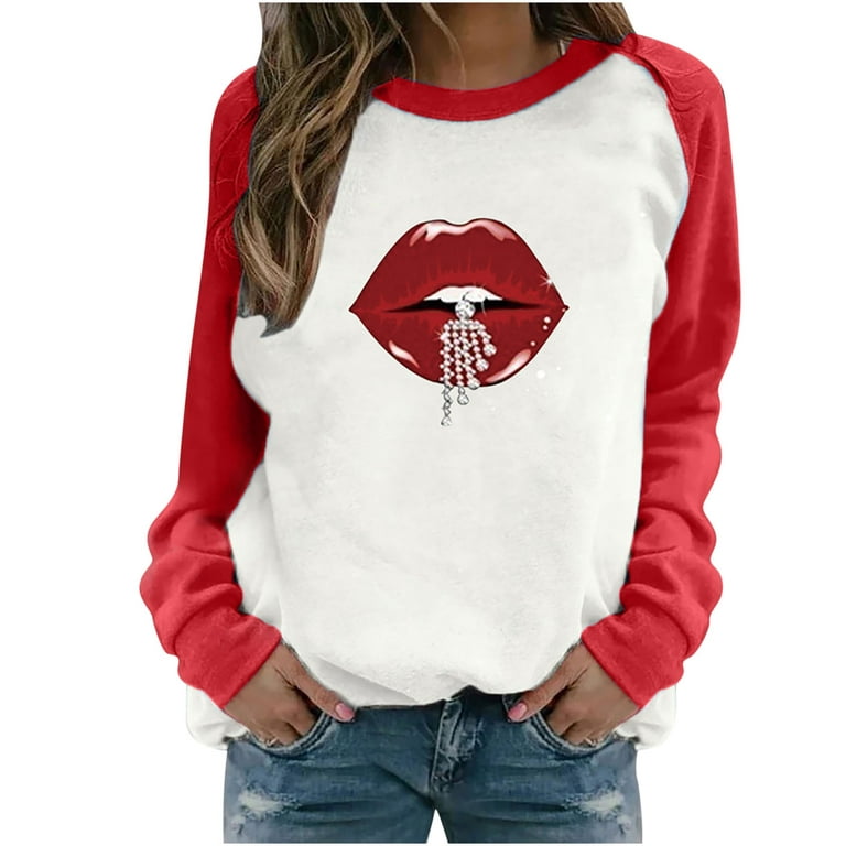 HAPIMO Savings Sweatshirt for Women Long Sleeve Red Lip Graphic Print  Sweatshirt Crewneck Pullover Tops Color Block Raglan Casual Teen Girls  Fashion Clothes Red XL 