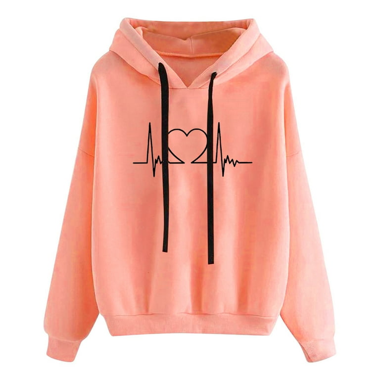 HAPIMO Savings Sweatshirt for Women Pocket Drawstring Pullover Tops ECG  Graphic Print Long Sleeve Relaxed Fit Womens Hoodie Sweatshirt Teen Girls  Clothes Pink M 