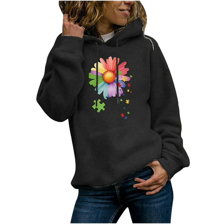HAPIMO Savings Sweatshirt for Women Pocket Drawstring Pullover Tops Flower  Graphic Print Long Sleeve Relaxed Fit Womens Hoodie Sweatshirt Teen Girls  Clothes Black M 