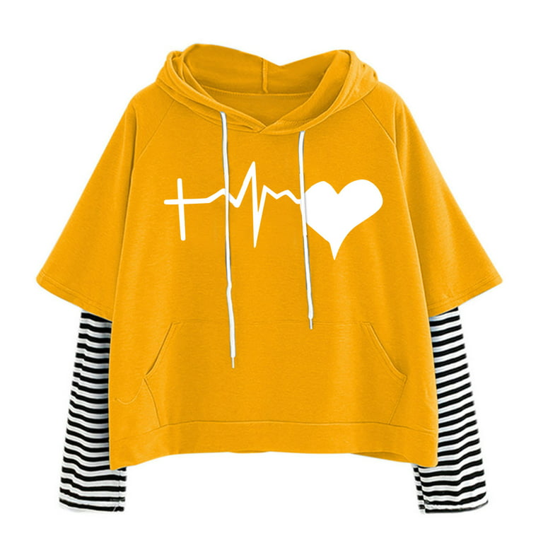 HAPIMO Savings Sweatshirt for Women Pocket Drawstring Pullover Tops Striped  Heart Graphic Print Long Sleeve Relaxed Fit Womens Hoodie Sweatshirt Teen  Girls Clothes Yellow L 