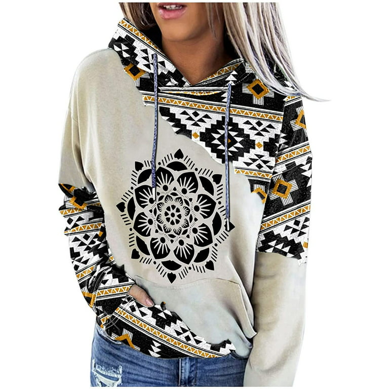 HAPIMO Savings Sweatshirt for Women Pocket Drawstring Pullover Tops Weatern  Vintage Ethnic Graphic Print Long Sleeve Relaxed Fit Womens Hoodie  Stitching Sweatshirt Teen Girls Clothes Black S 