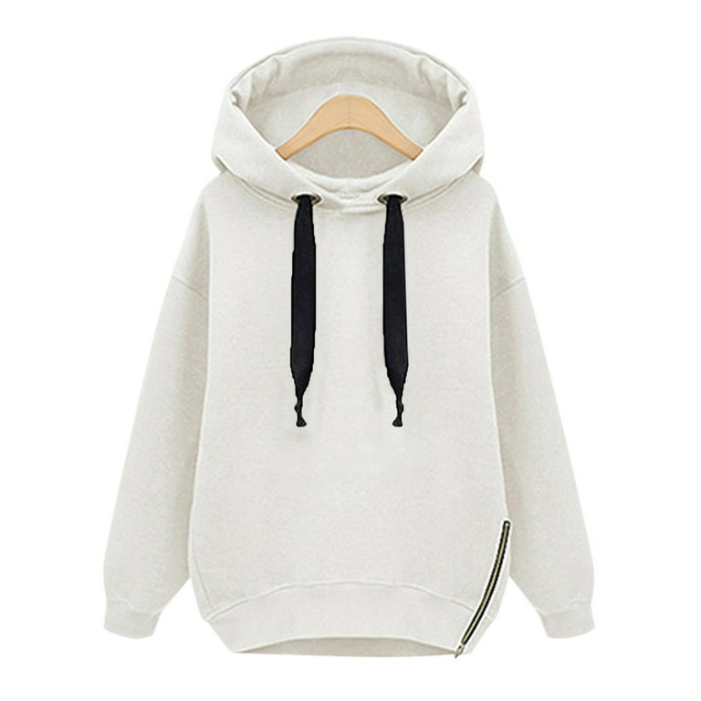 HAPIMO Savings Sweatshirt for Women Zip Slit Drawstring Pullover Tops Solid  Color Long Sleeve Relaxed Fit Womens Hoodie Sweatshirt Teen Girls Clothes  White XL 