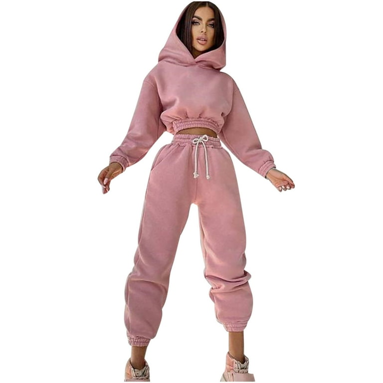 HAPIMO Savings Two Piece Sport Suit for Women Casual Solid Color Thick  Hooded Sweatshirt+Jogger Sweatpant Fall Fashion Sets Pink M 
