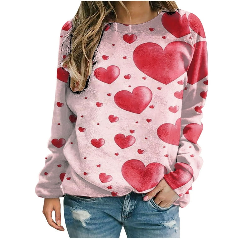 HAPIMO Savings Valentine's Day Shirts for Women Long Sleeve T-Shirt Classic  Valentine Graphic Print Tops Couples Fashion Sweatshirt Round Neck Pullover  Womens Cozy Raglan Blouse Red M 