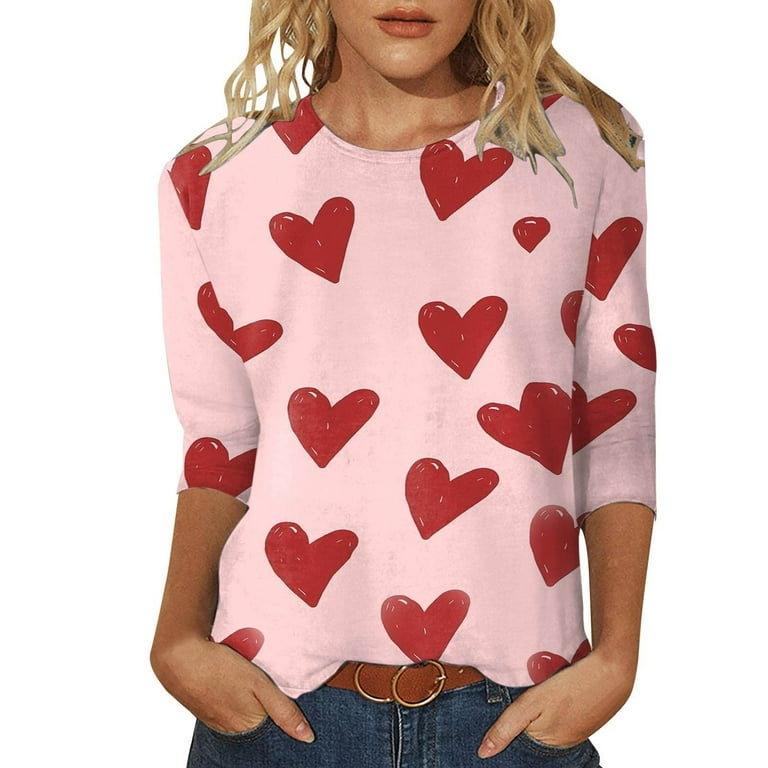 HAPIMO Savings Valentine's Day Shirts for Women Long Sleeve T-Shirt  Valentine Heart Print Tops Womens Cozy Raglan Blouse Crewneck Pullover  Couples Fashion Sweatshirt Pink L 