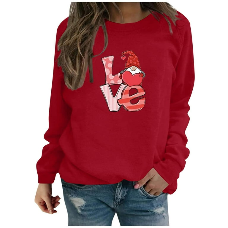HAPIMO Savings Valentine's Day Shirts for Women Valentine Cute Gnom Graphic  Print Tops Long Sleeve T-Shirt Round Neck Pullover Couples Fashion  Sweatshirt Womens Classic Raglan Blouse Red S 