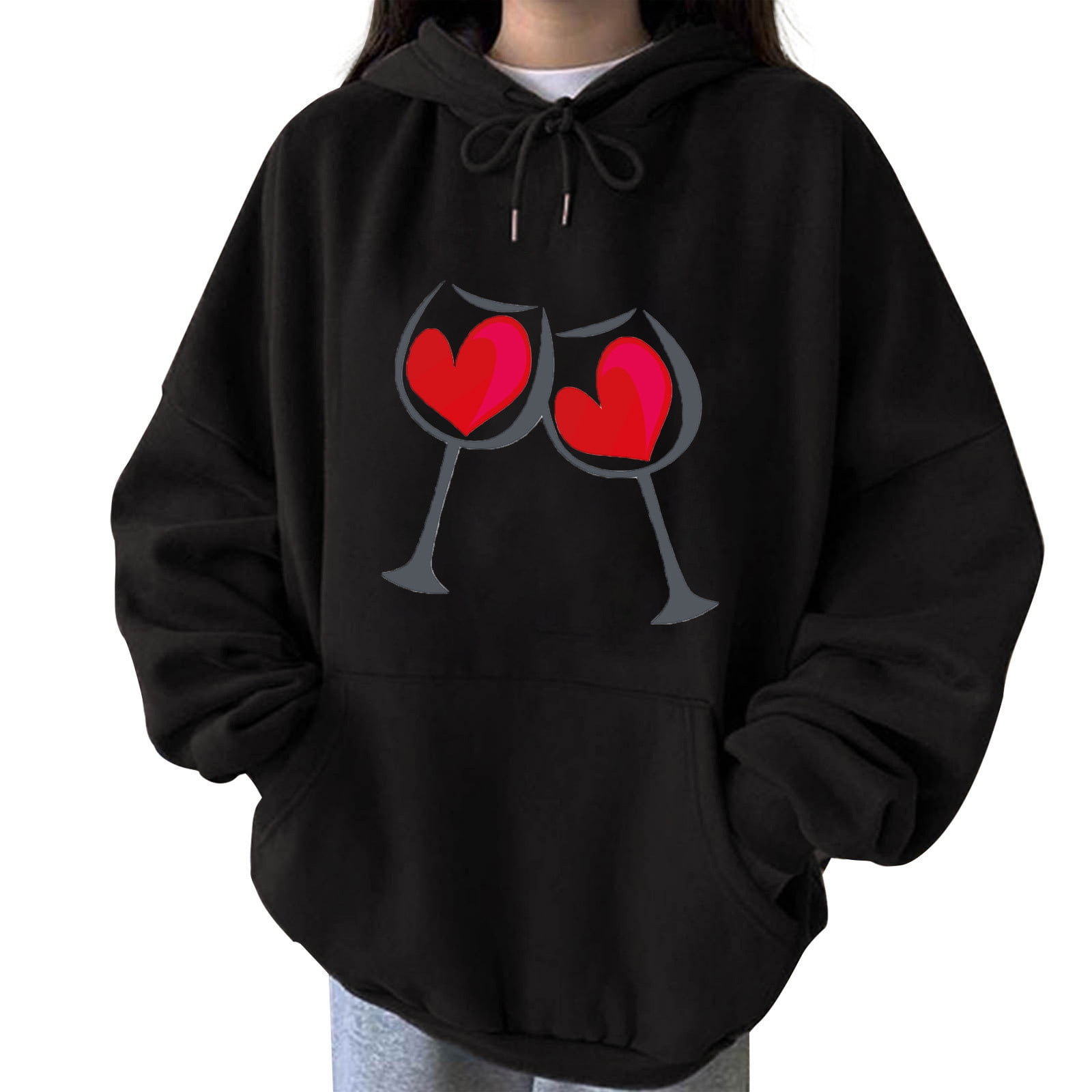 HAPIMO Savings Valentine's Day Sweatshirts for Women Valentine Graphic  Print Tops Long Sleeve Hoodie Drawstring Pullover Couples Fashion  Sweatshirt Womens Loose Cozy Pockets Black XXL 