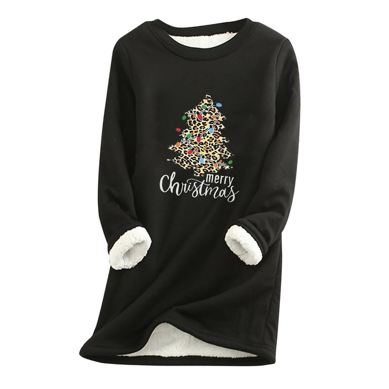 HAPIMO Savings Women Fall Fashion Plus Fleece Sweatshirt Long Sleeve  Christmas Tree Graphic Print Thicken Warm Round Neck Underwear Pullover  Tops