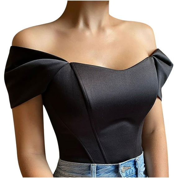HAPIMO Women'S Fishbone Line Solid Slim Backless Short Sleeve Strapless Tube Chest Wrap Top Black M