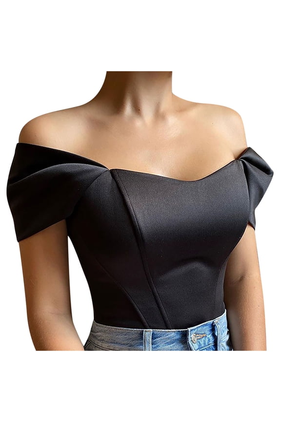 Women'S Fishbone Line Solid Slim Backless Short Sleeve Strapless Tube Chest Wrap Top Black M