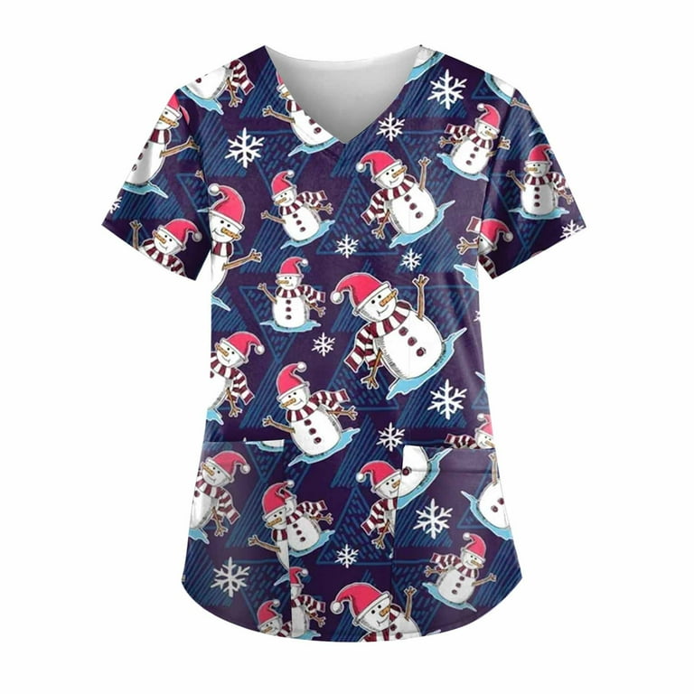 HAPIMO Savings Women's Christmas Short Sleeve V-Neck Shirt Working Uniform  Candy Cane Graphic Printing Pullover Blouse Scrub Tops with Pocket Navy M 