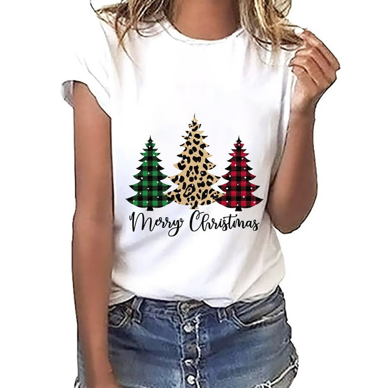 HAPIMO Savings Women's Christmas Short T-Shirt Christmas Tree Letter  Grapfic Print Short Sleeveed Womens Round Neck Top Teen Grils Fashion  Clothes White S 