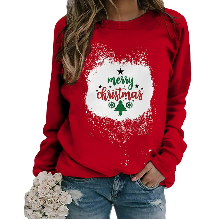 HAPIMO Savings Women's Fall Fashion Shirts Round Neck Long Sleeve Christmas  Tree Graphic Letter Print Sweater Blech Pullover Top Red L 